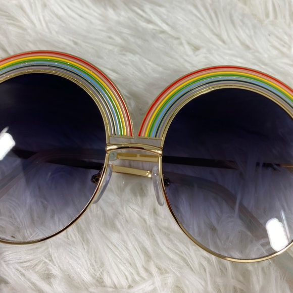 Oversized Retro Rainbow Sunnies Sunglasses Gold Frames  Smoke Blue Black Lens - Picture 7 of 8